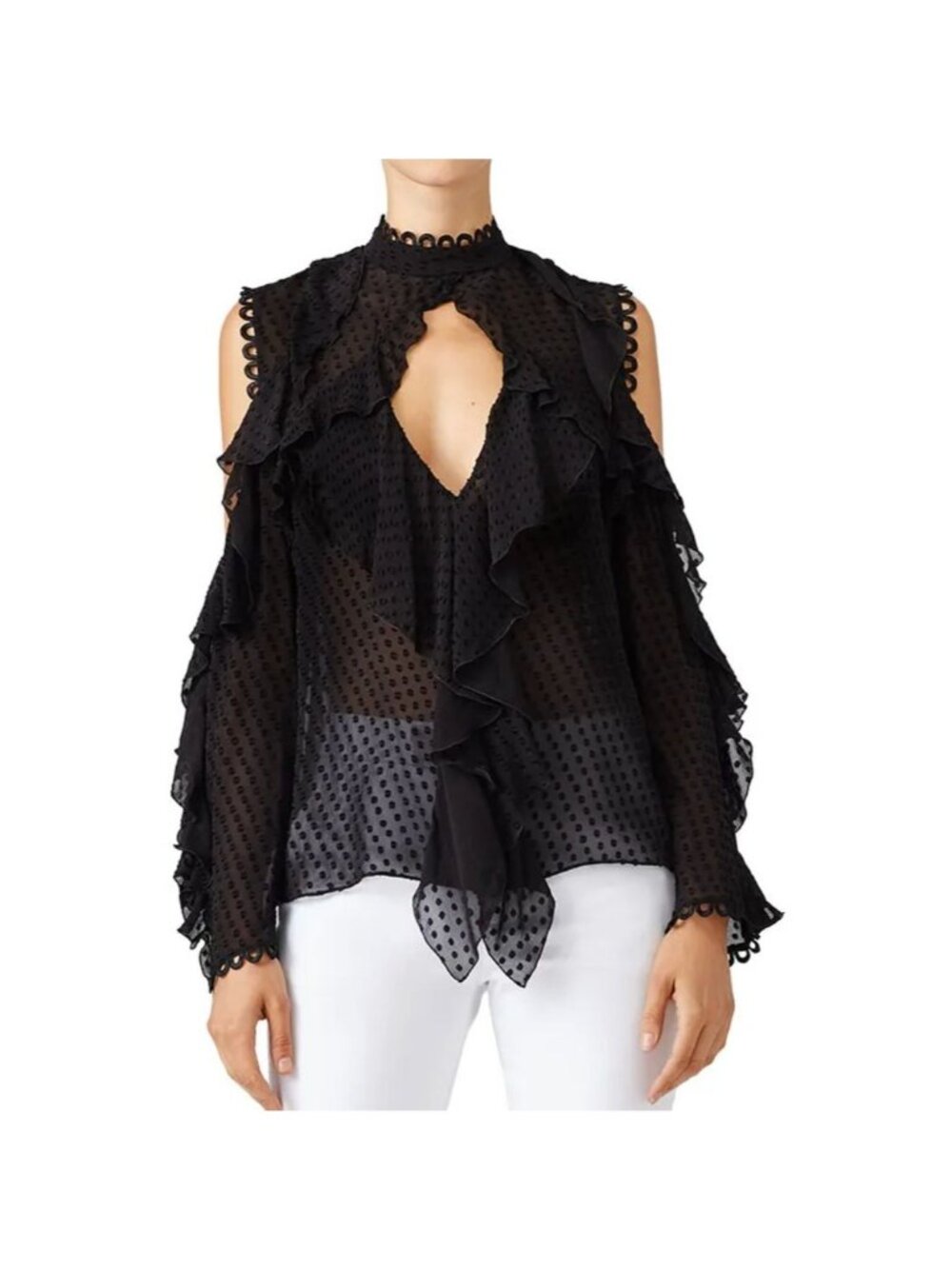 Nicholas Ruffle Trim Cold Shoulder Blouse Sheer Navy Blue Swiss Dot Top 0